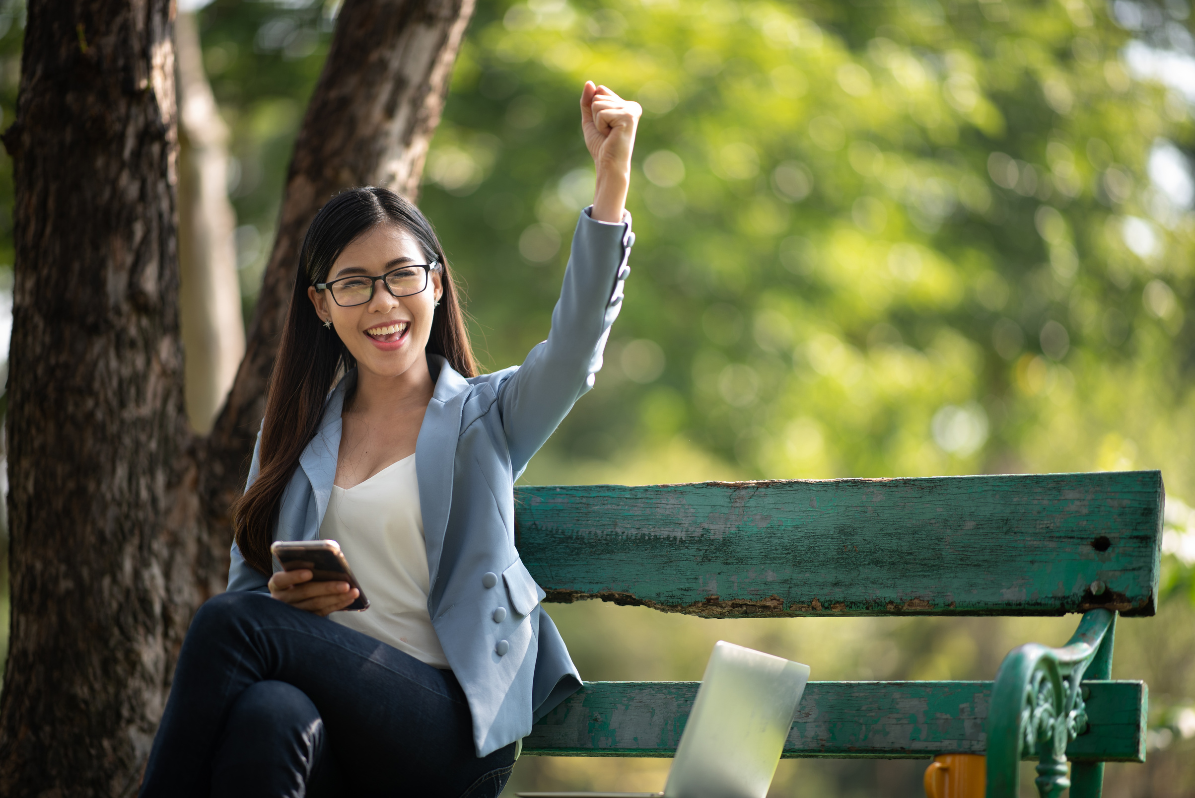 Young Business Women Are Enjoying Outdoor Office Work, Business